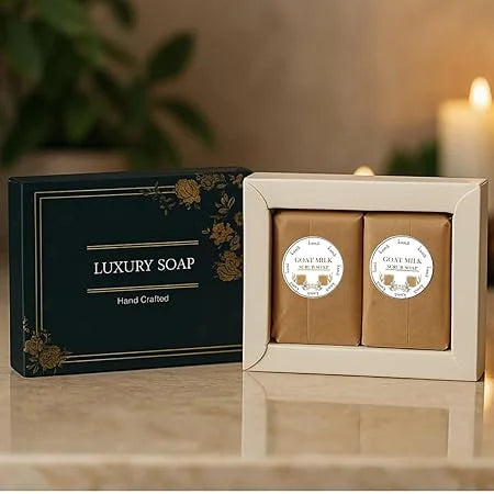 Creamy goat milk soap bars with spooky wood fragrance packaging on display