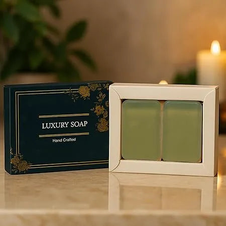 Cucumber soap bar with packaging box and soap pieces on display