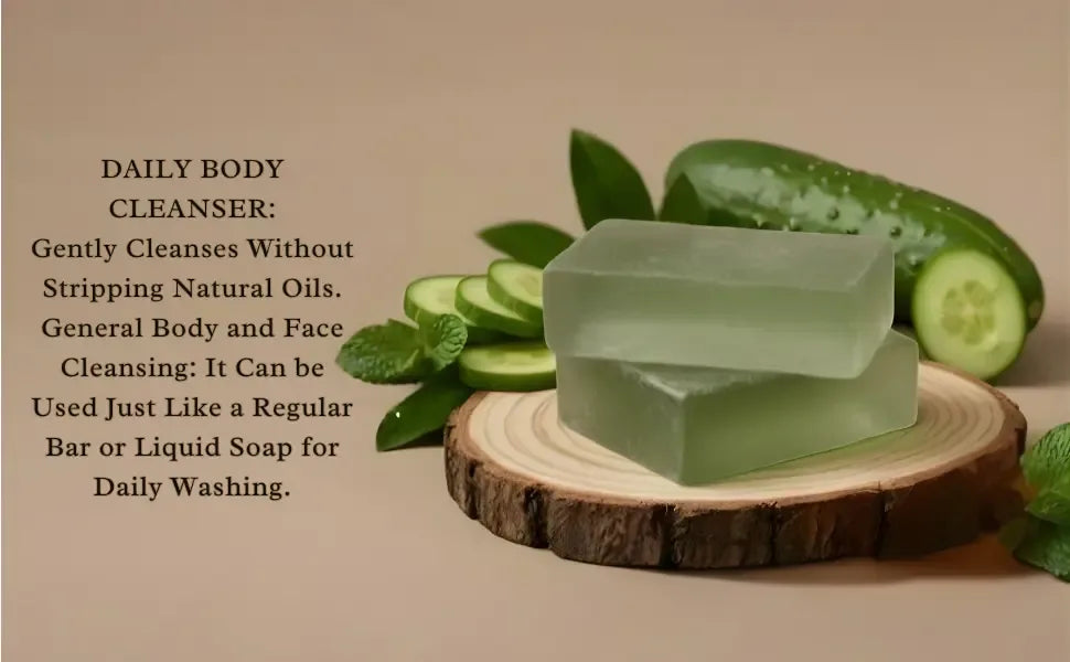 Cucumber soap bar placed with fresh cucumber slices in styled setup