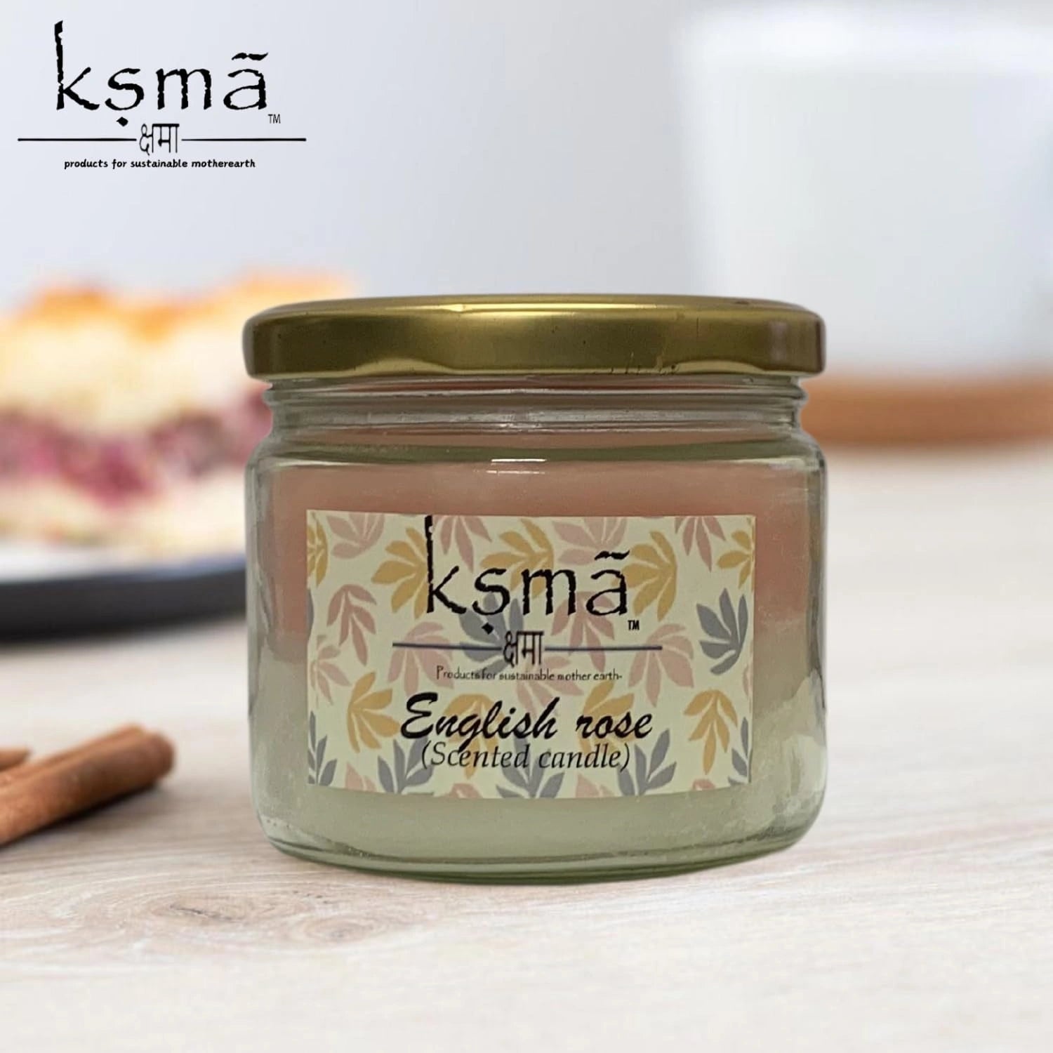 English rose jar candle with lid placed for home decoration and ambient lighting setup