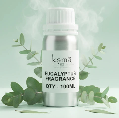 Eucalyptus fragrance oil bottle with eucalyptus leaves product display