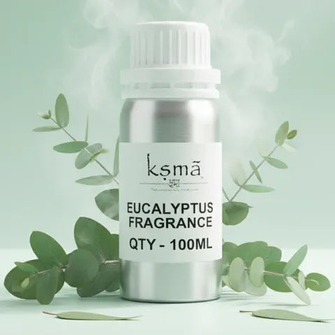 Close up of eucalyptus fragrance oil bottle showing label details and liquid inside
