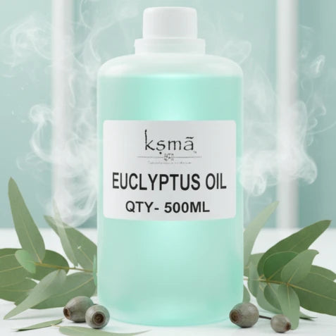 Eucalyptus fragrance oil bottle product image with green leaf background