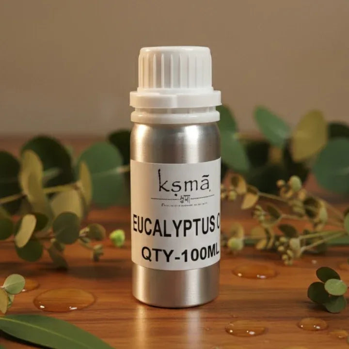 Eucalyptus oil in white bottle placed in natural setting