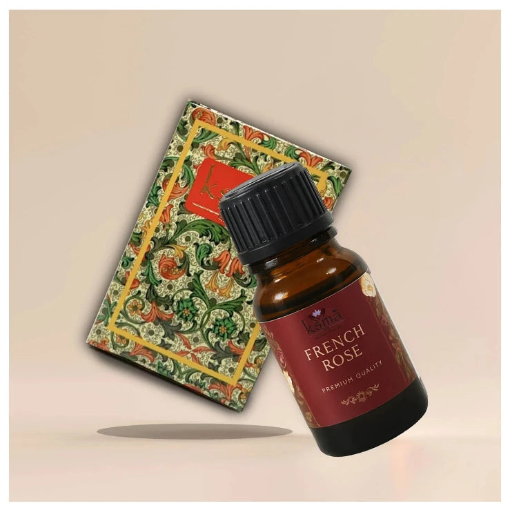 French rose fragrance oil bottle product display with decorative card