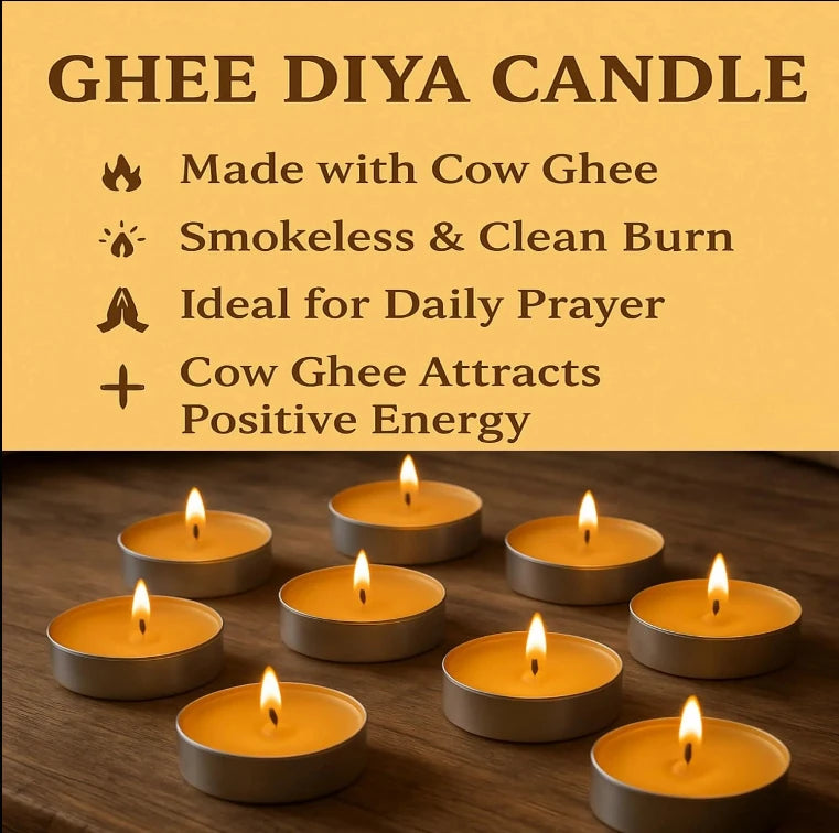 Ghee diya tealight candles glowing in pooja setup creating warm spiritual ambience