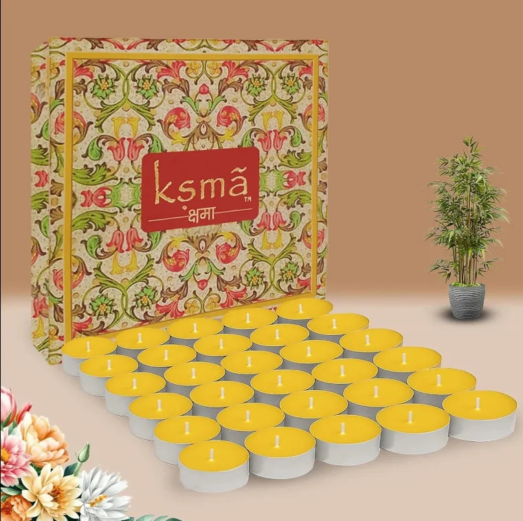 Ghee diya tealight candles set of 30 with decorative box and traditional festive setup