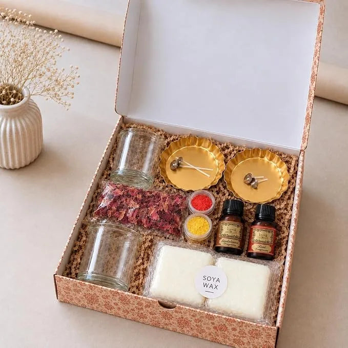 Candle Making Kit for Beginners | Soya Wax Candle Making Combo Pack with 2 Glass Jars, Scented Fragrance Oils (Sandalwood & Rose), Dried Flower Petals, Wicks & Colors | Ideal Craft Gift for Adults