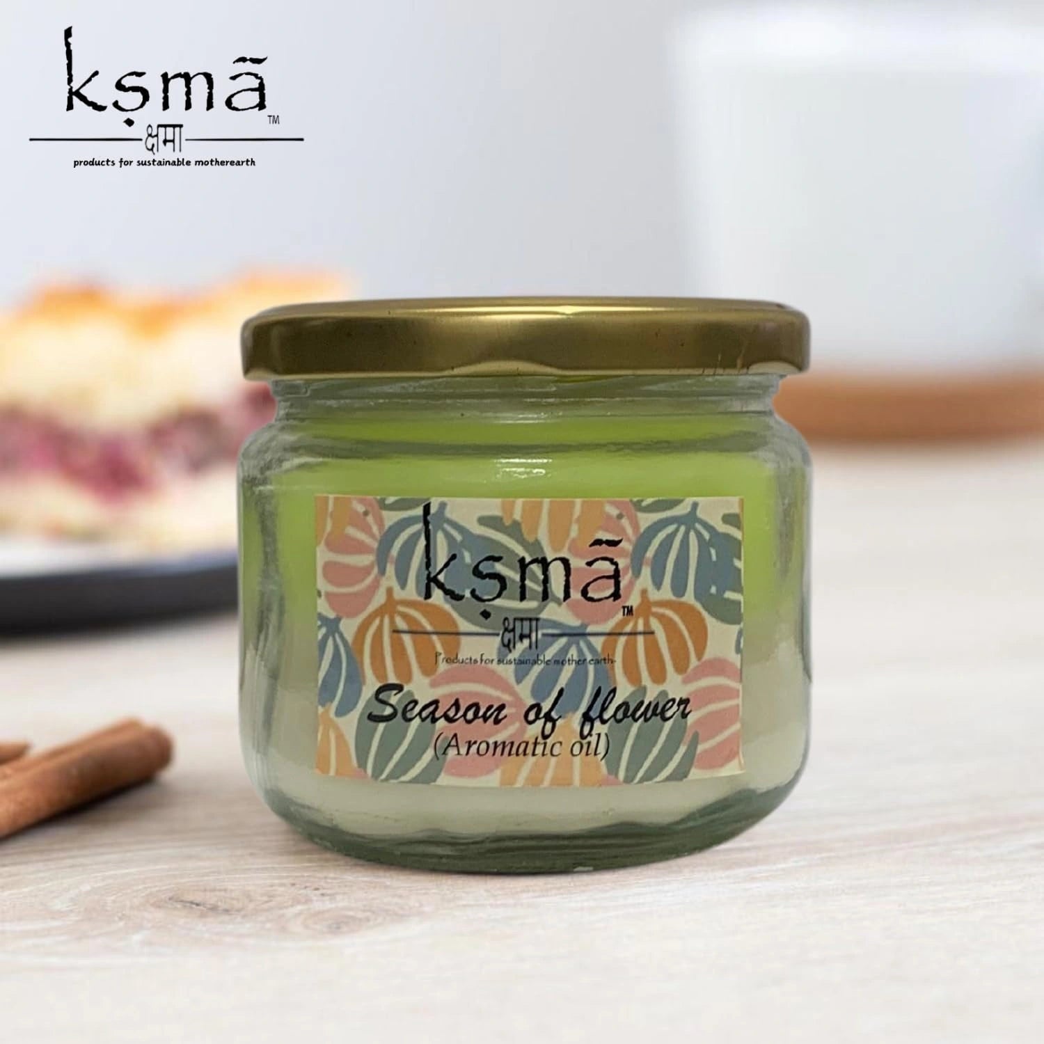Side angle view of glass jar candle highlighting label and design details