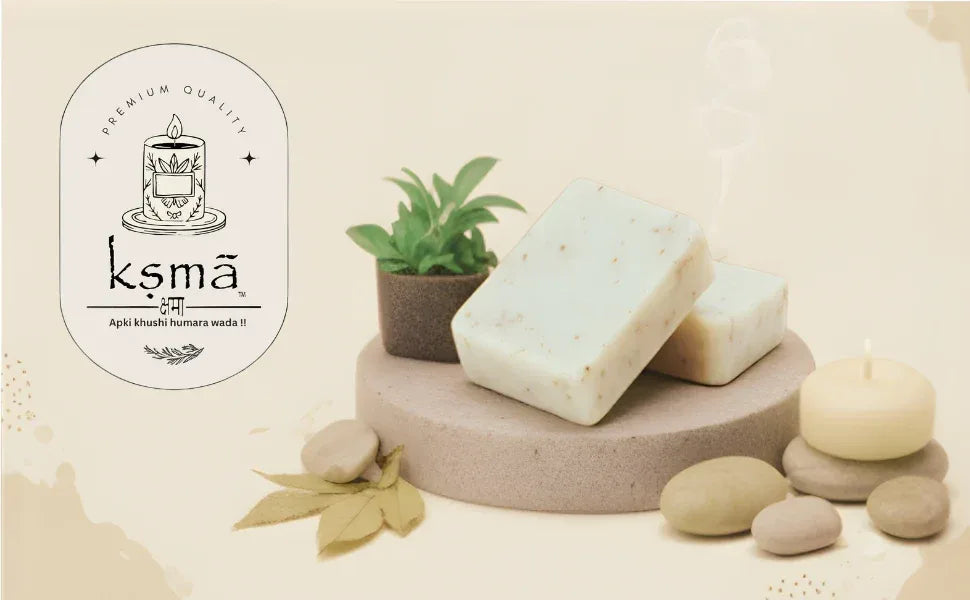 Ksma goat milk and mandarin soap with product label and styled background