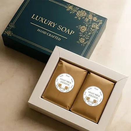 Goat milk and mandarin soap inside premium packaging box close view