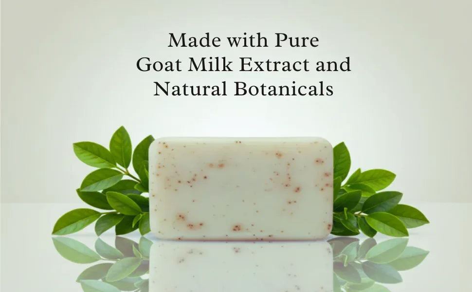 Goat milk soap with ingredient highlights and product information layout