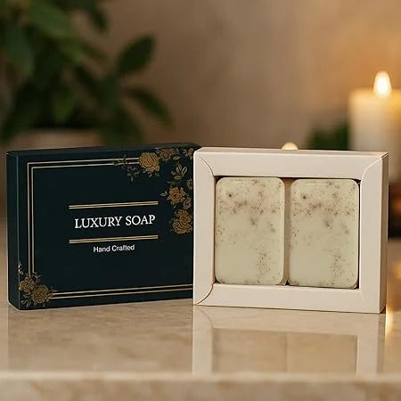 Goat milk soap spooky wood fragrance in premium box packaging close view