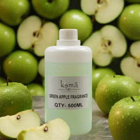 Green apple fragrance oil bottle surrounded by green apples creating a fresh fruity setup