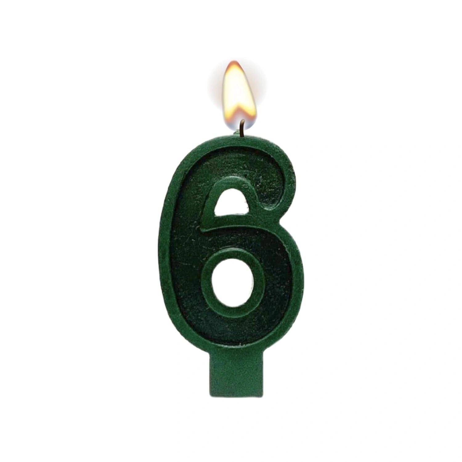 Green number 6 birthday candle with flame for cake decoration
