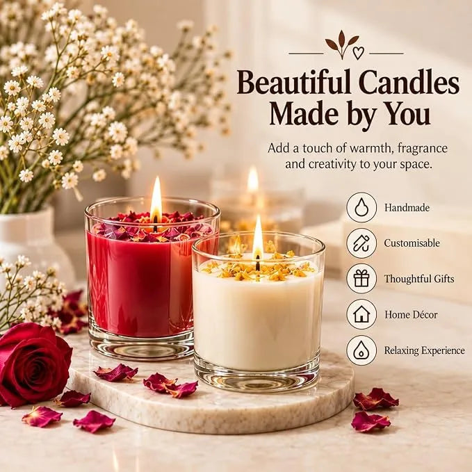 Candle Making Kit for Beginners | Soya Wax Candle Making Combo Pack with 2 Glass Jars, Scented Fragrance Oils (Sandalwood & Rose), Dried Flower Petals, Wicks & Colors | Ideal Craft Gift for Adults