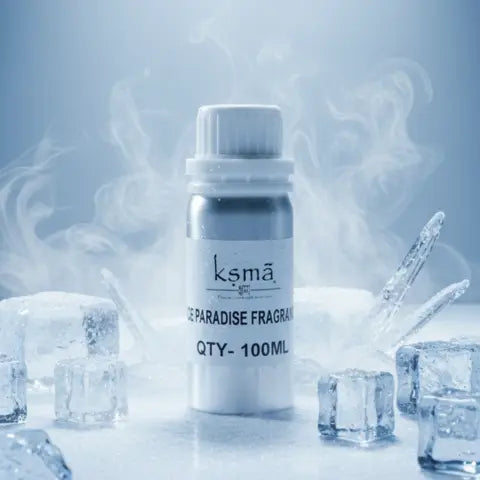 Ice Paradise fragrance oil bottle placed with ice cubes and cool mist background