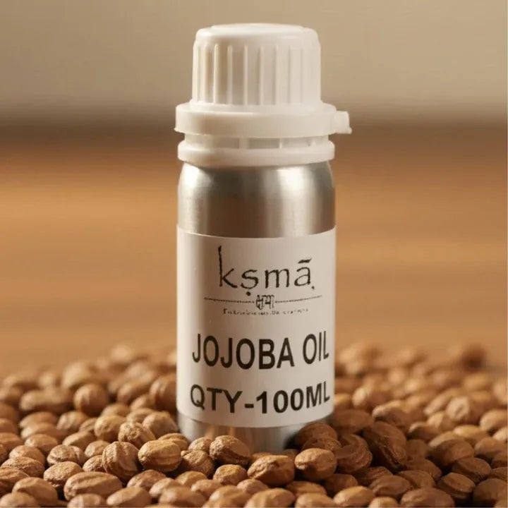Jojoba oil white bottle placed with natural jojoba seeds background