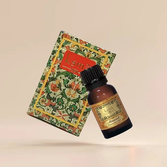 KSMA almond oil bottle with decorative background