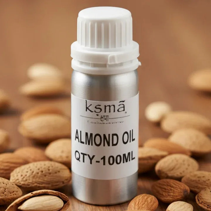 KSMA almond oil bottle placed with almond seeds