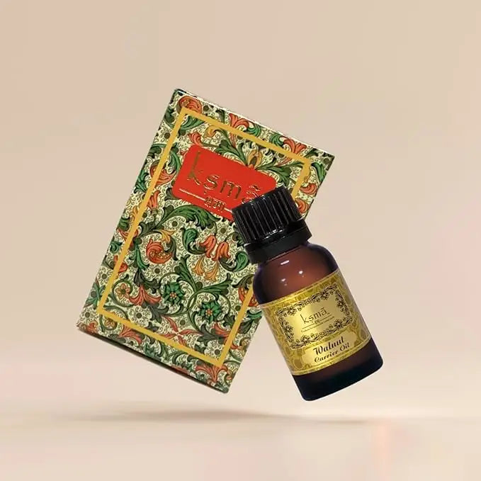 KSMA walnut oil bottle product image with decorative background