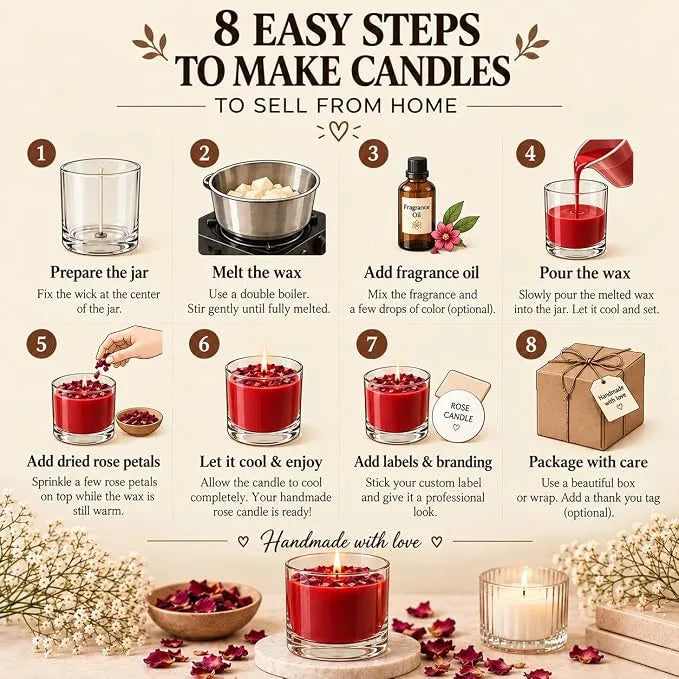 Candle Making Kit for Beginners | Soya Wax Candle Making Combo Pack with 2 Glass Jars, Scented Fragrance Oils (Sandalwood & Rose), Dried Flower Petals, Wicks & Colors | Ideal Craft Gift for Adults