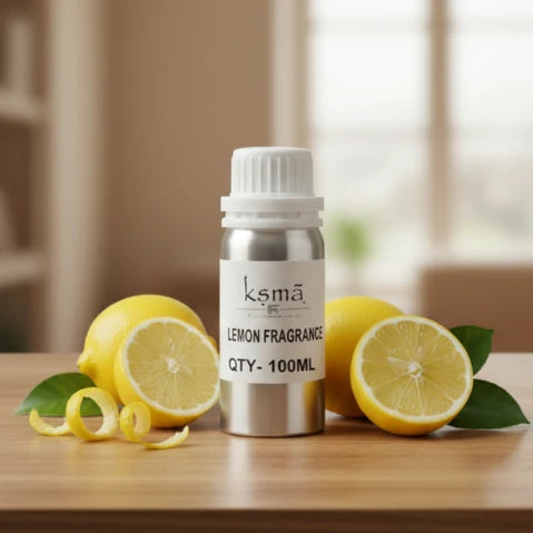 Lemon fragrance oil bottles arranged with lemons on clean tabletop setup