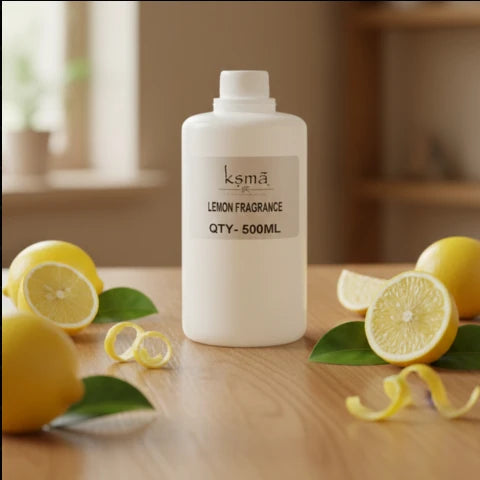 Lemon fragrance oil bottle on minimal background with citrus styling