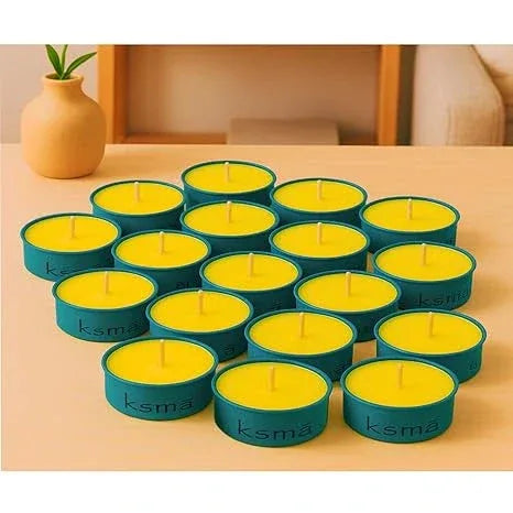 Close up view of lime tea light candles showing wax and color detail