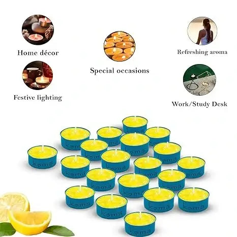 Top view of tea light candles lime fragrance arranged in grid pattern