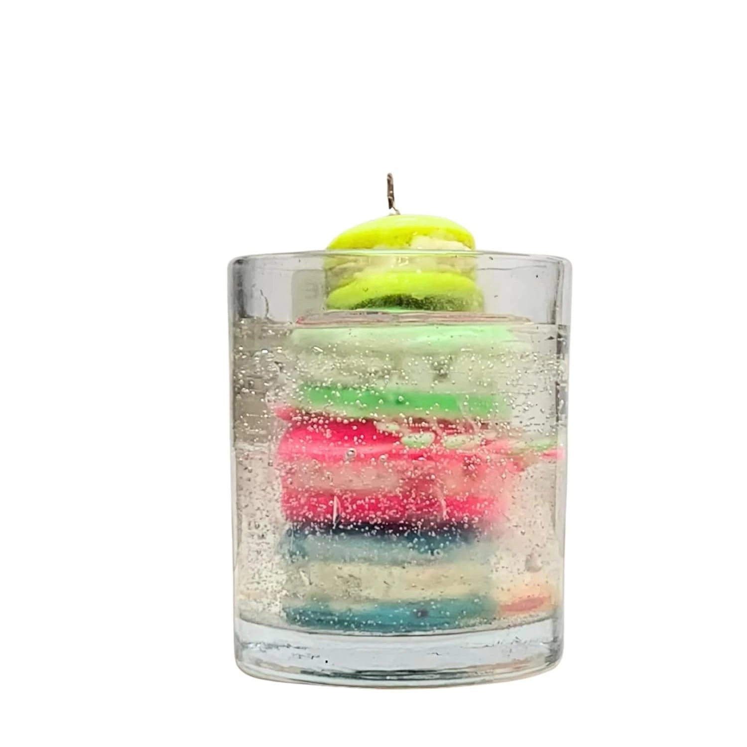 Multi color macaroon candle in glass jar with layered wax design