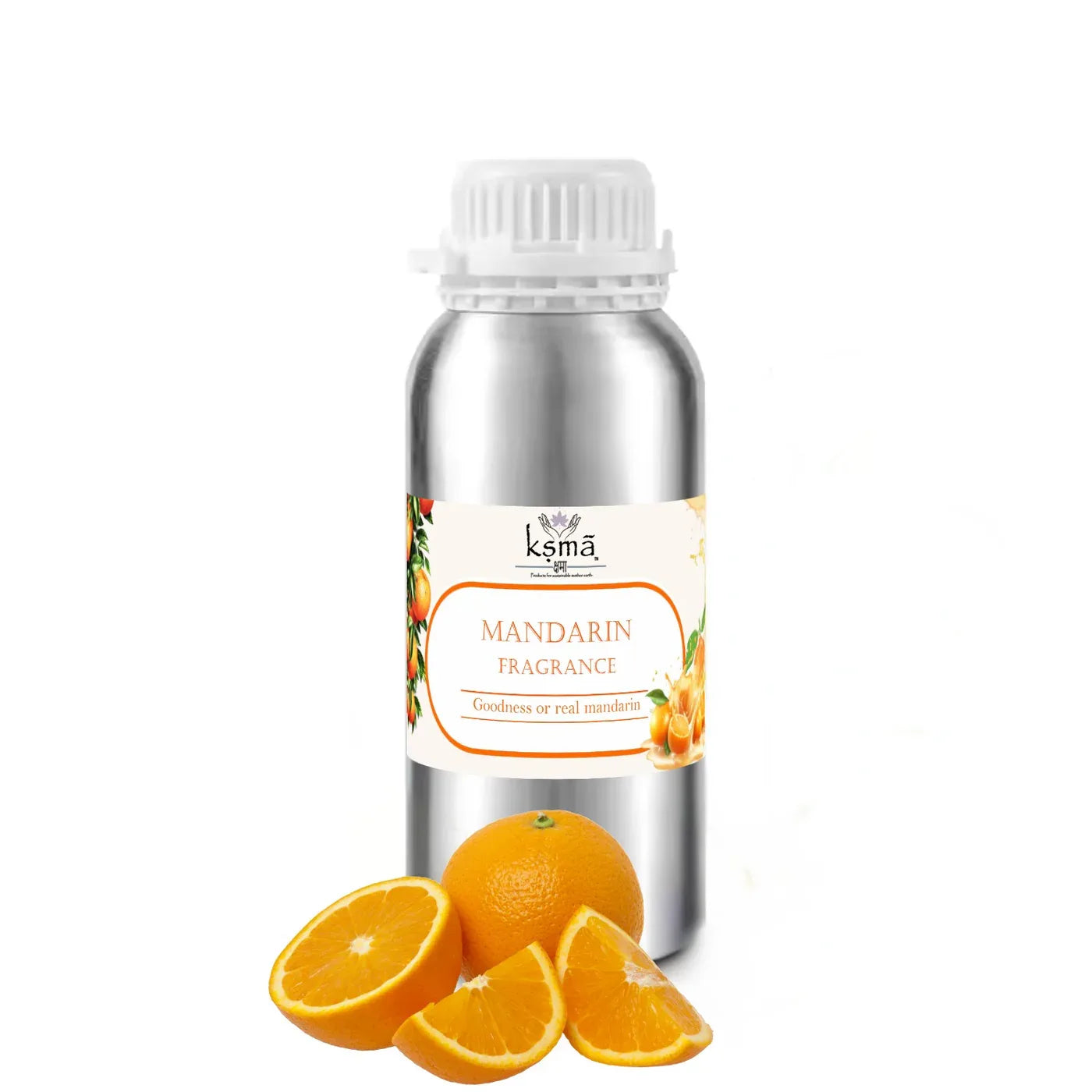 Mandarin fragrance oil product bottle with mandarin fruit slices showing citrus aroma inspiration