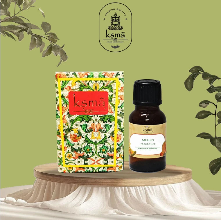 Melon fragrance oil bottle with decorative packaging box in clean product setup