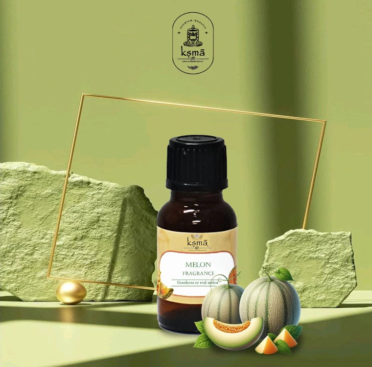 Melon fragrance oil bottle with whole and sliced melon in aesthetic product display