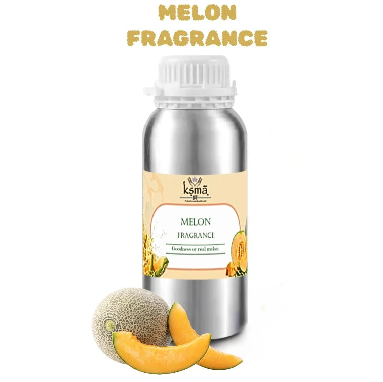Melon fragrance oil bottle with soft green aesthetic background and fruit elements