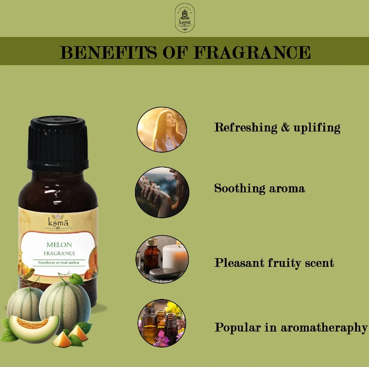 Melon fragrance oil bottles arranged in product range layout with green theme background
