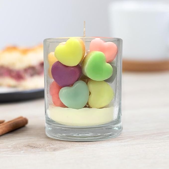 Decorative colorful heart candles in glass jar product image