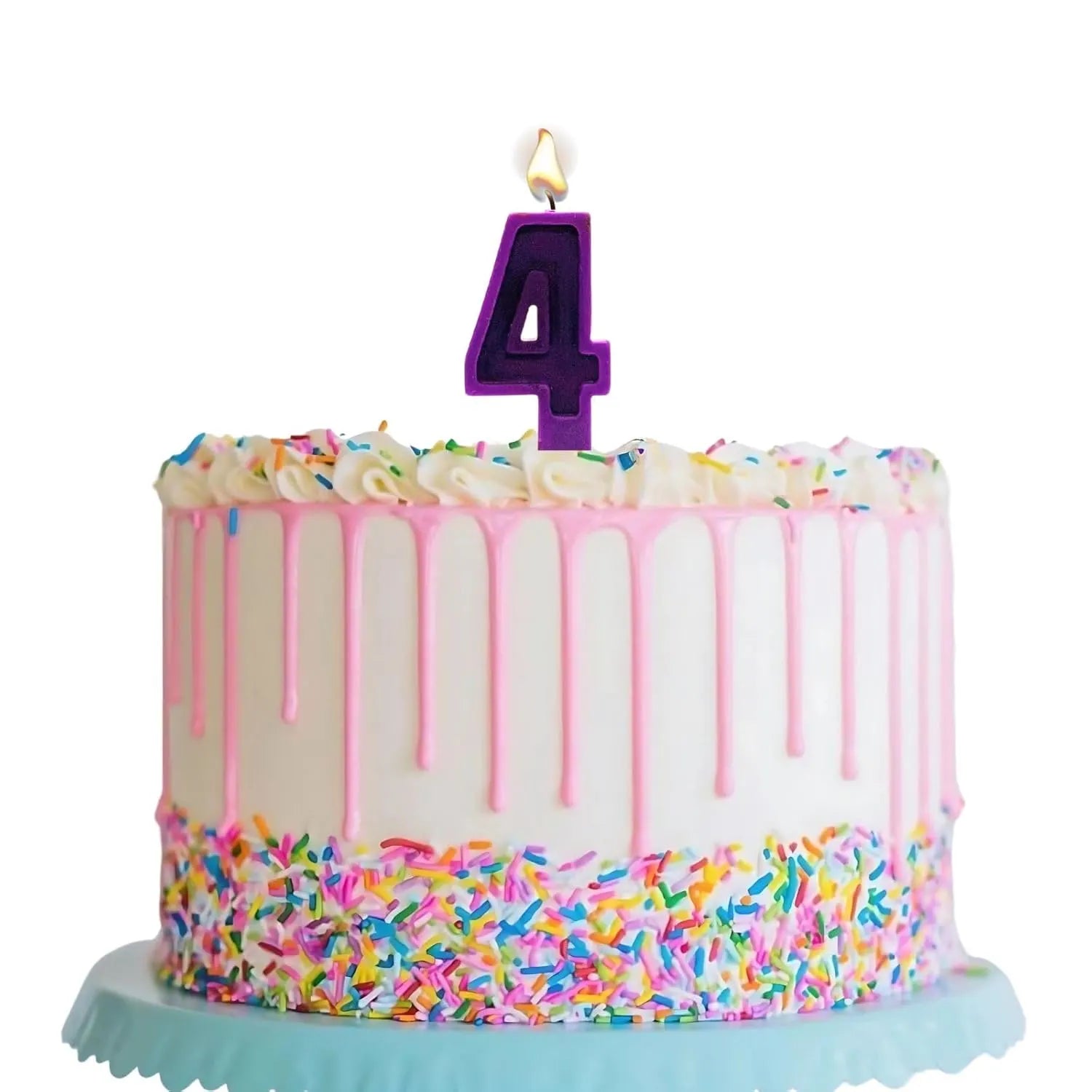 Purple number 4 candle placed on a decorated birthday cake