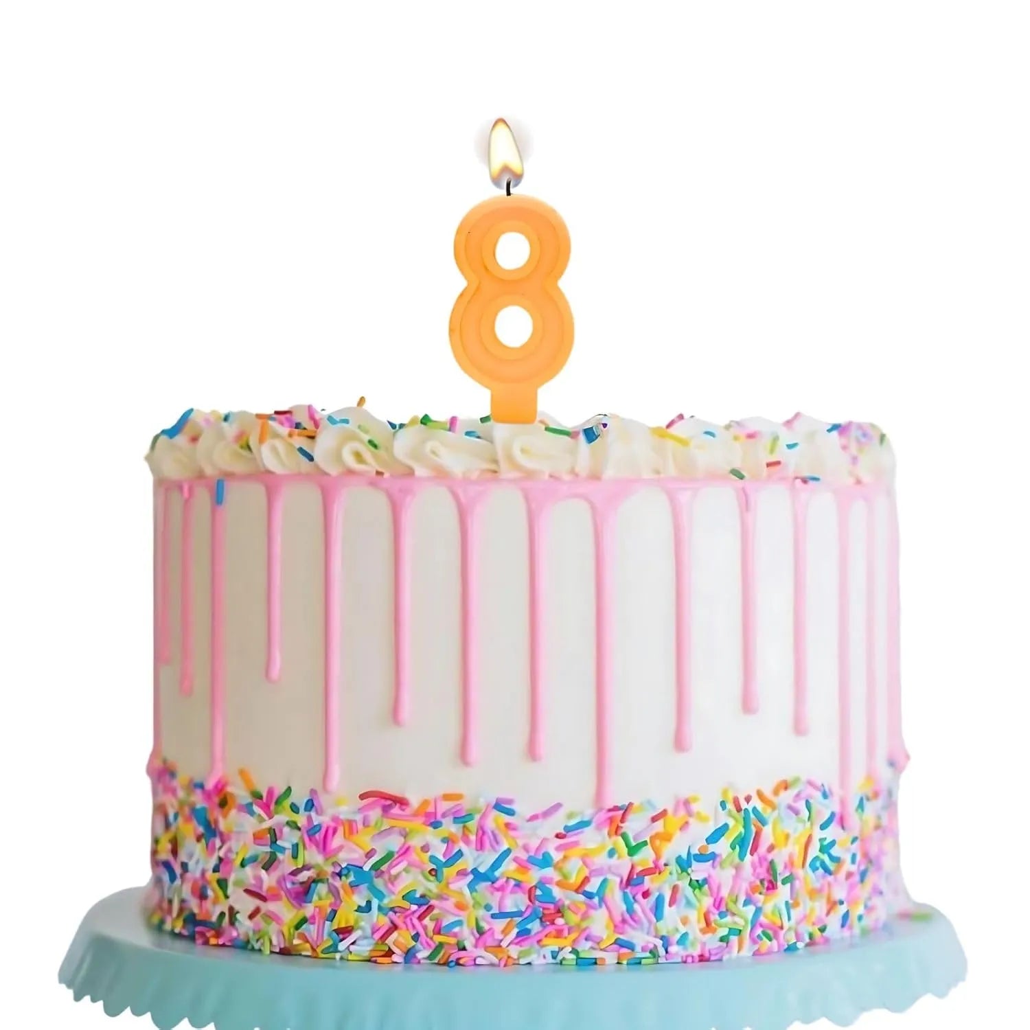 Orange number 8 candle placed on a decorated birthday cake with sprinkles