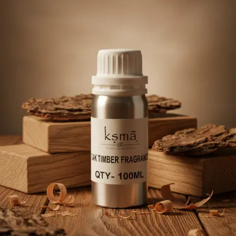Oak timber fragrance oil bottle placed on wooden blocks with wood texture background
