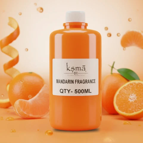 Orange fragrance oil used in home decor setup with diffuser and citrus themed styling