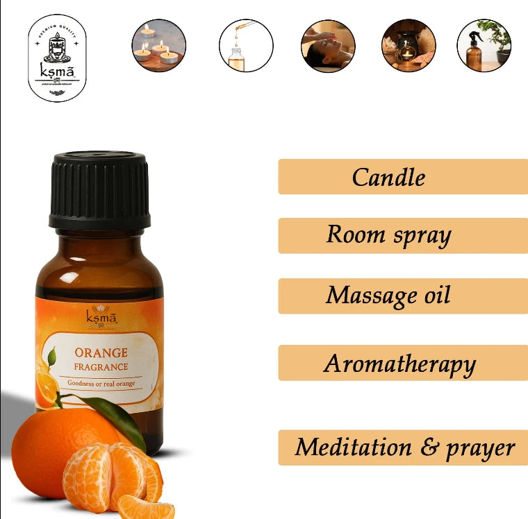 Orange fragrance oil bottles displayed in product range layout with citrus theme