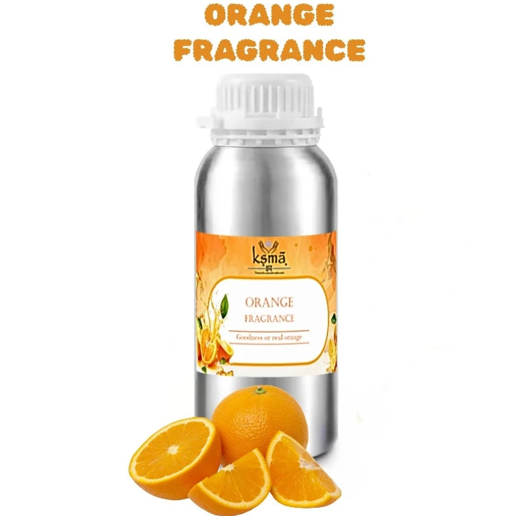 Orange fragrance oil bottle with creative splash effect and citrus elements