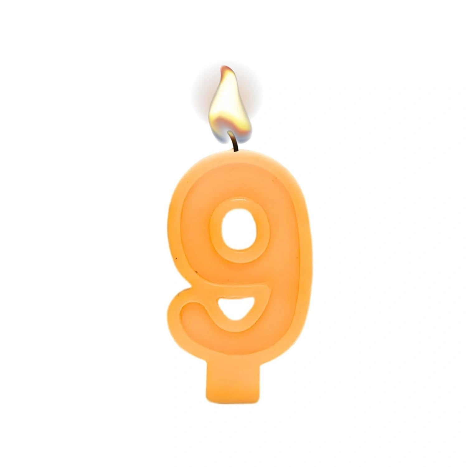 Orange number 9 birthday candle with flame for cake decoration