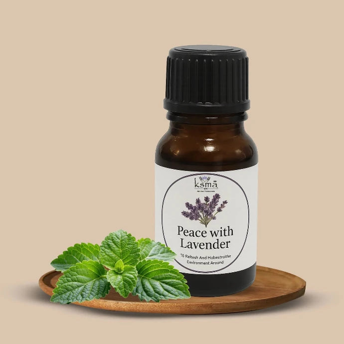 Peace with lavender fragrance oil bottle product display with mint leaf setup
