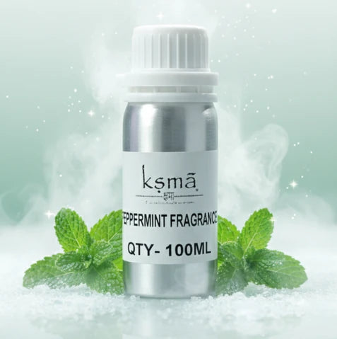 Peppermint fragrance oil bottle with mint leaves product display