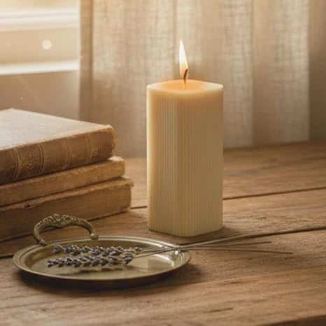 French vanilla pillar candle placed on table with books and decor items