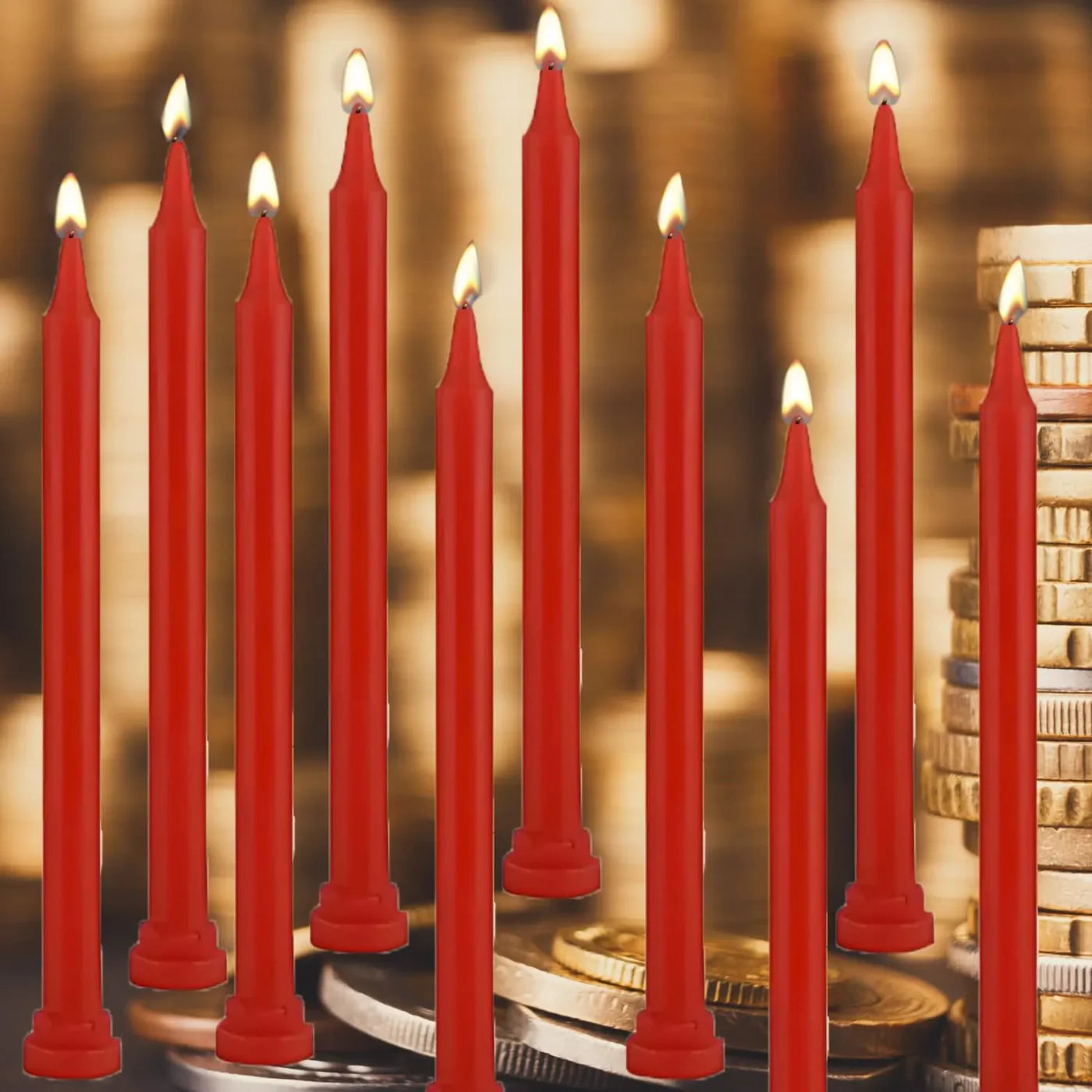 Close-up view of red pillar candles showing smooth surface and uniform shape