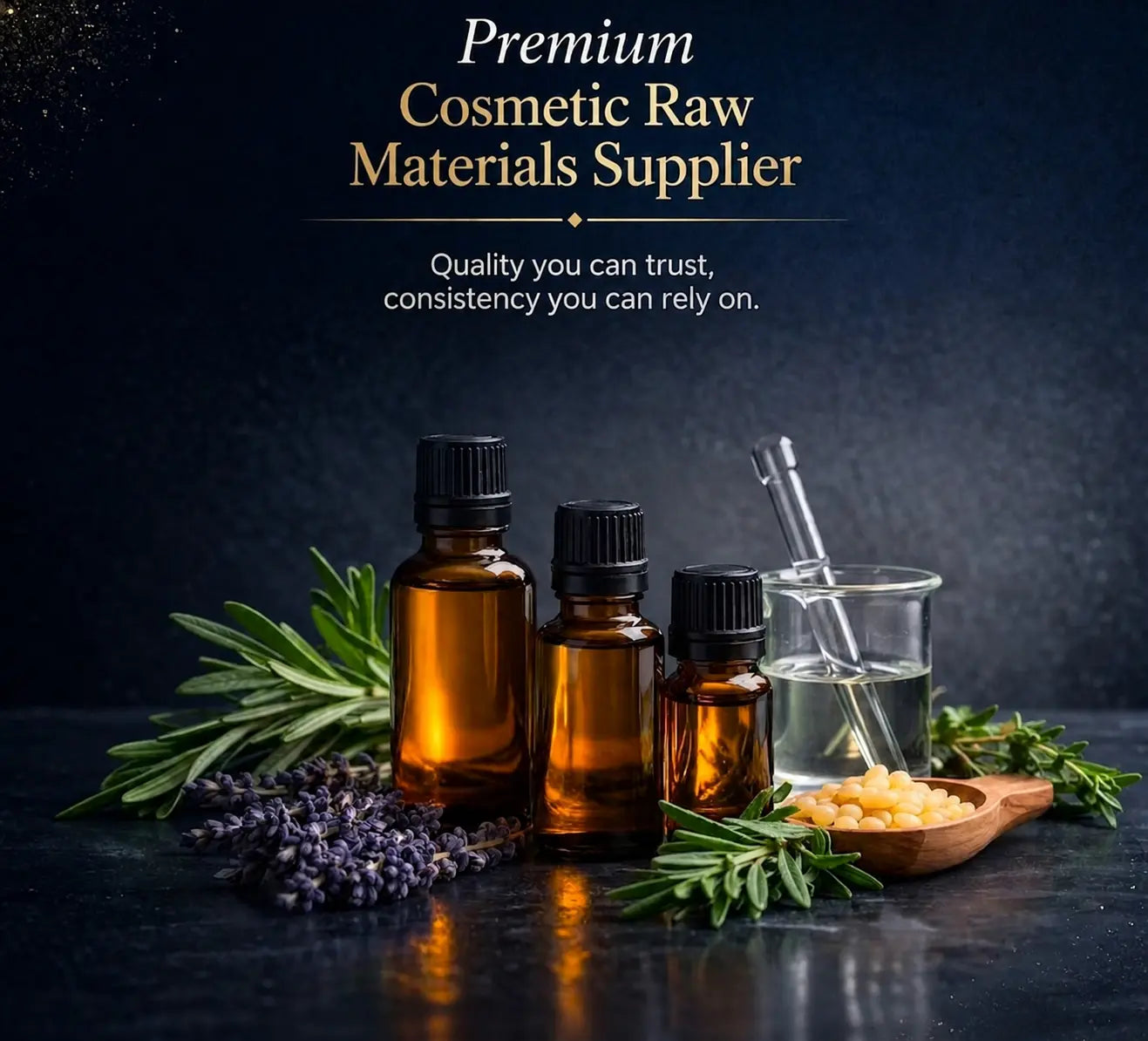 Premium cosmetic raw materials supplier featuring essential oil bottles, natural herbs, and laboratory glassware representing high-quality skincare ingredients and consistent formulation