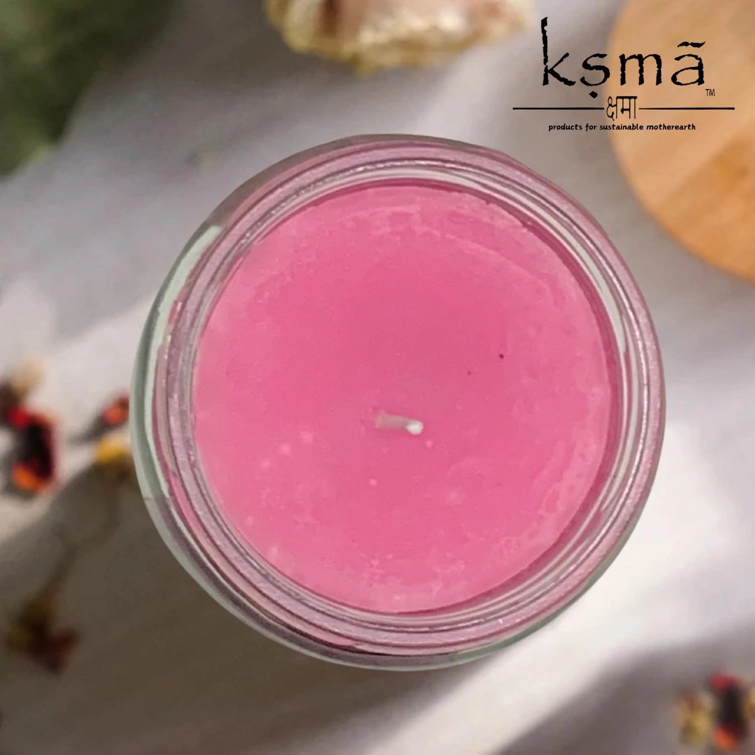 Top view of purple rose jar candle showing smooth colored wax for decorative and aromatic use